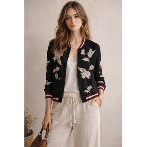 Elevenses By Anthropologie Black Embroidered Bomber Jacket   Women's Size Small